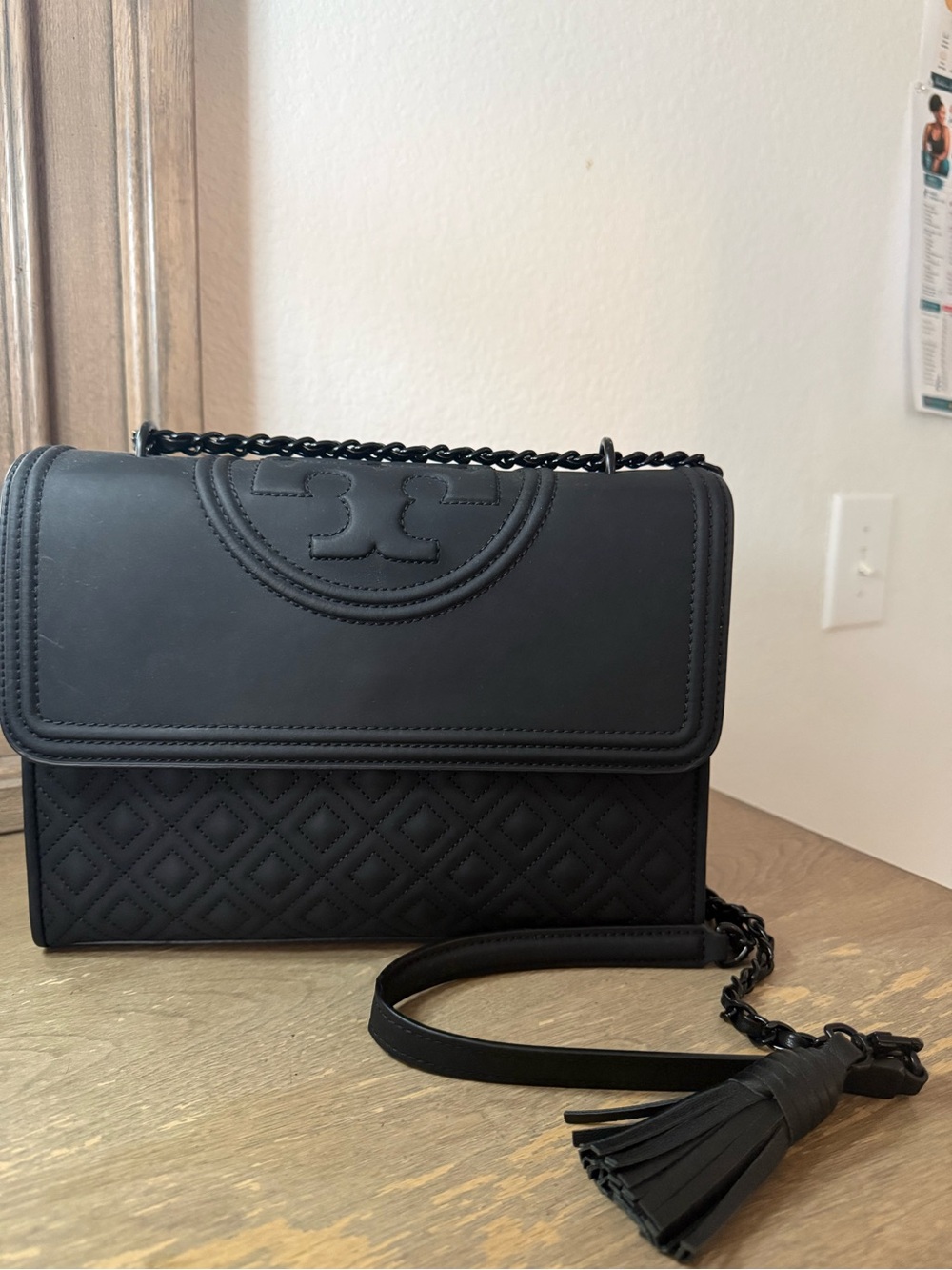 Tory Burch Black Quilted Leather Chain Crossbody with Tassel